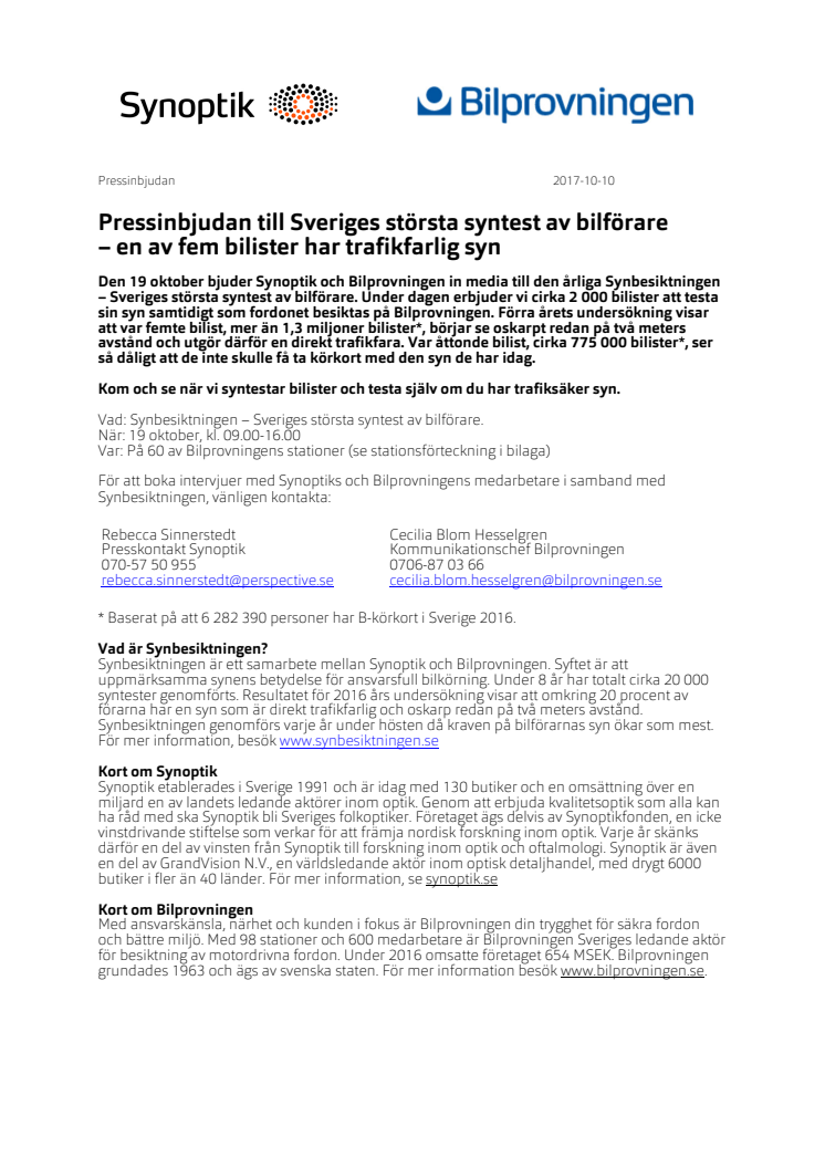 Pressinbjudan till Sveriges största syntest av bilförare  – en av fem bilister har trafikfarlig syn