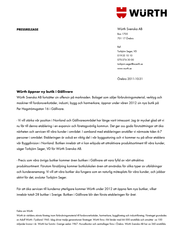 Würth öppnar ny butik i Gällivare
