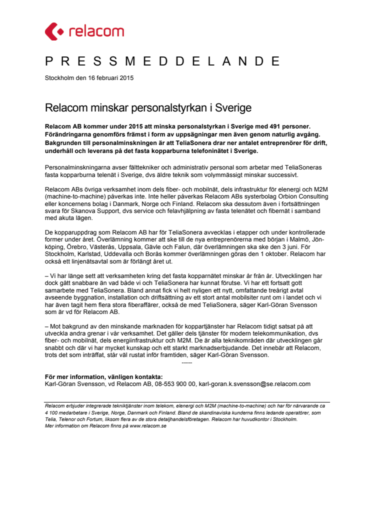 Relacom minskar personalstyrkan i Sverige