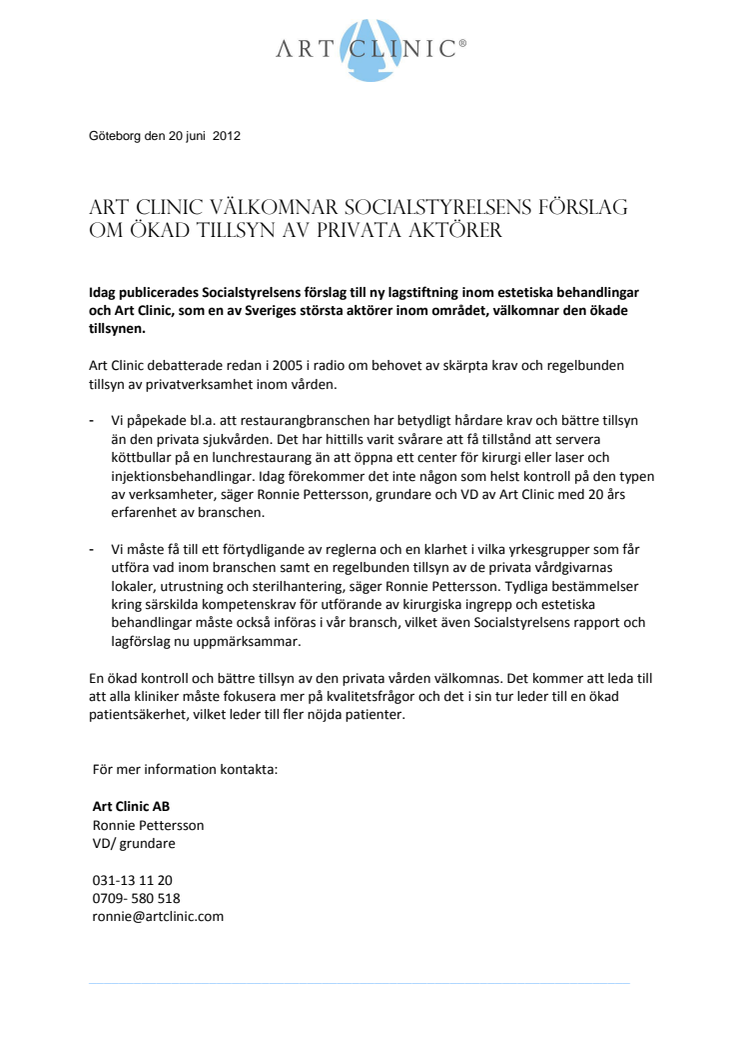 Art Clinic välkomnar socialstyrelsens förslag om ökad tillsyn av privata aktörer