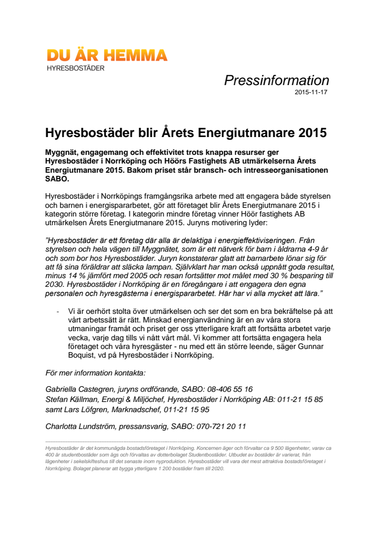 Hyresbostäder blir Årets Energiutmanare 2015