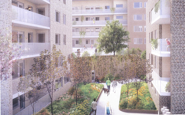 Vy mot innergården från Husarvikstorget
