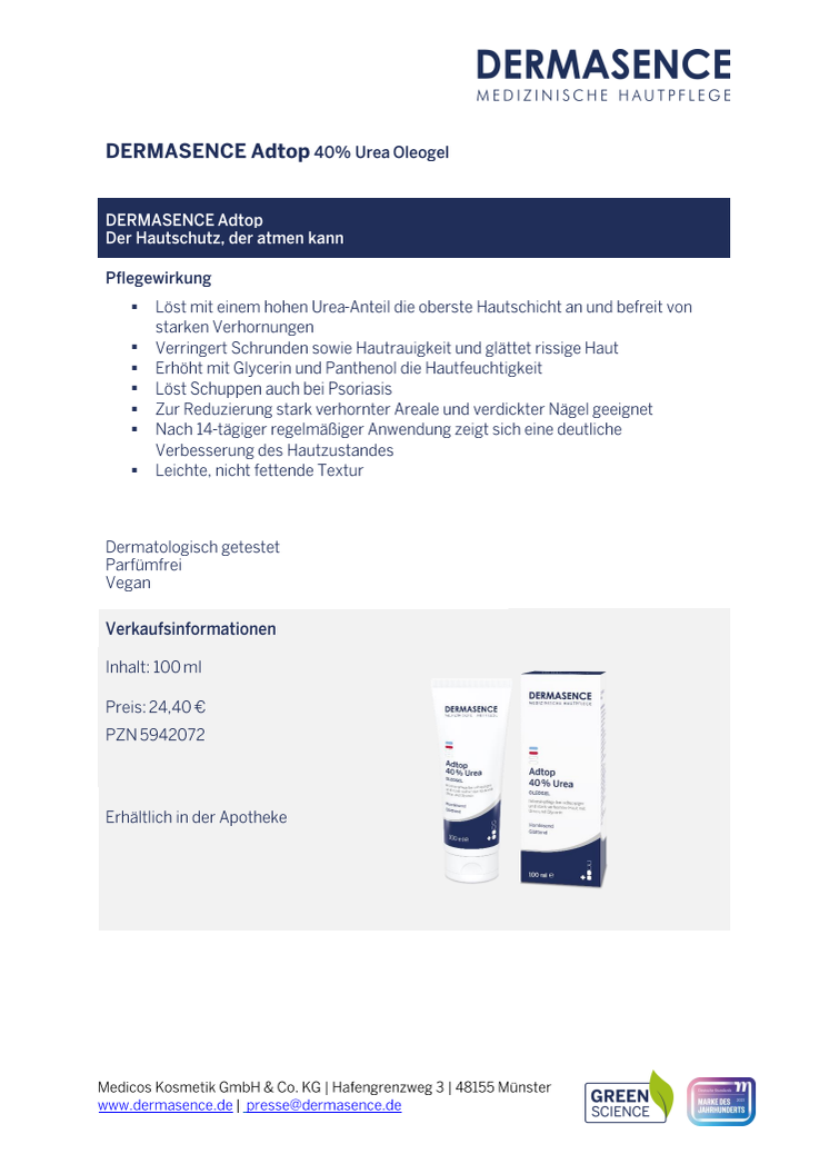 Factsheet DE: DERMASENCE Adtop 40% Urea Oleogel