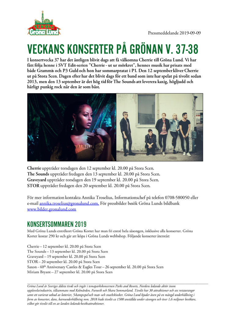 Veckans konserter på Grönan V. 37-38