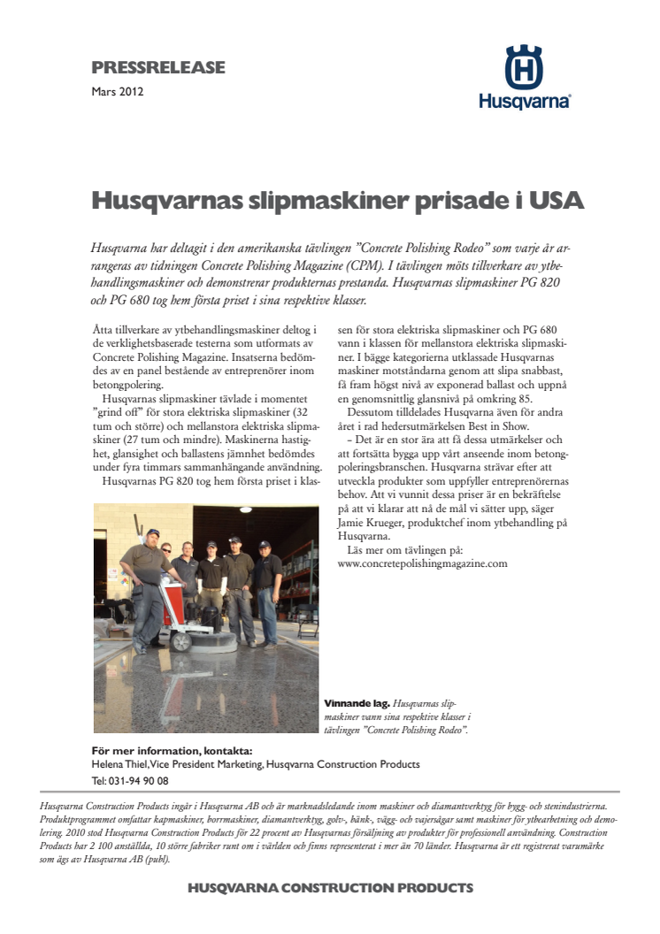  Husqvarnas slipmaskiner prisade i USA 