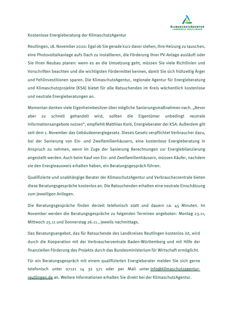 Kostenlose Energieberatung der KlimaschutzAgentur