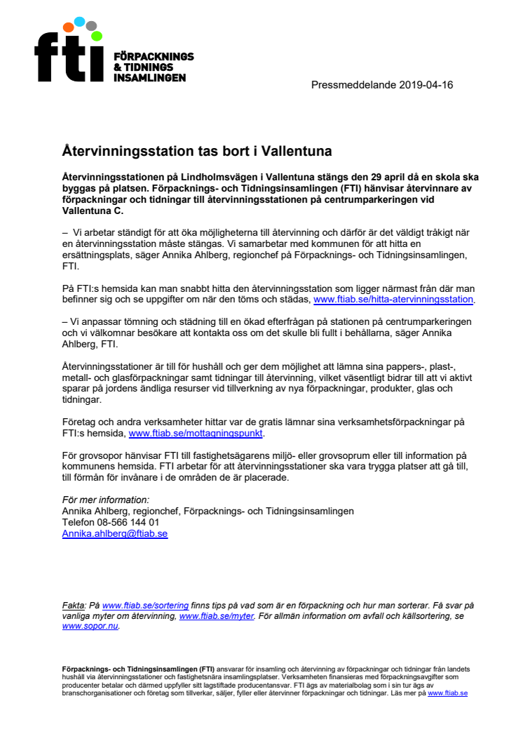 Återvinningsstation tas bort i Vallentuna