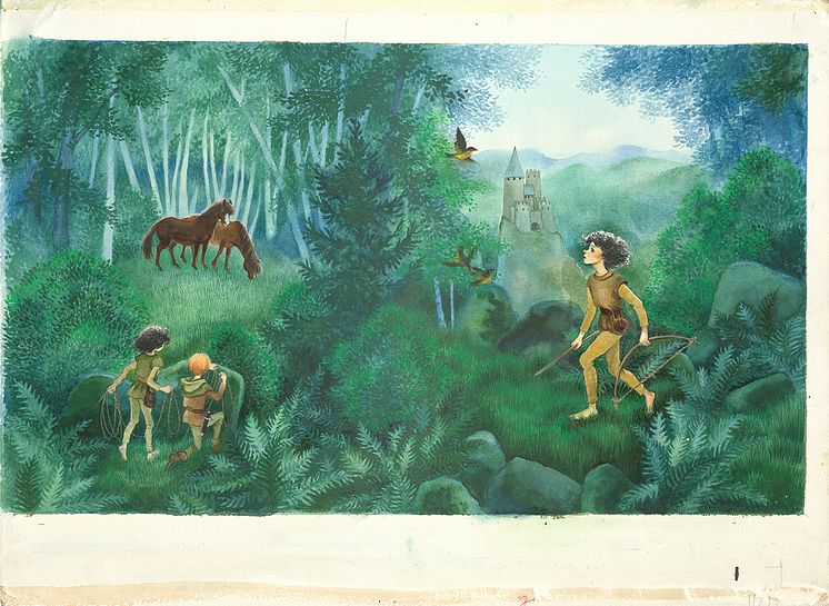 Ilon Wikland, Omslag till Ronja Rövardotter, 1981. Akvarell och tusch på papper, 38,90 x 51,00 cm. Foto: Göteborgs konstmuseum / Hossein Sehatlou. © Design Ilon Wikland AB. Ronja Rövardotter: TM och © The Astrid Lindgren Company
