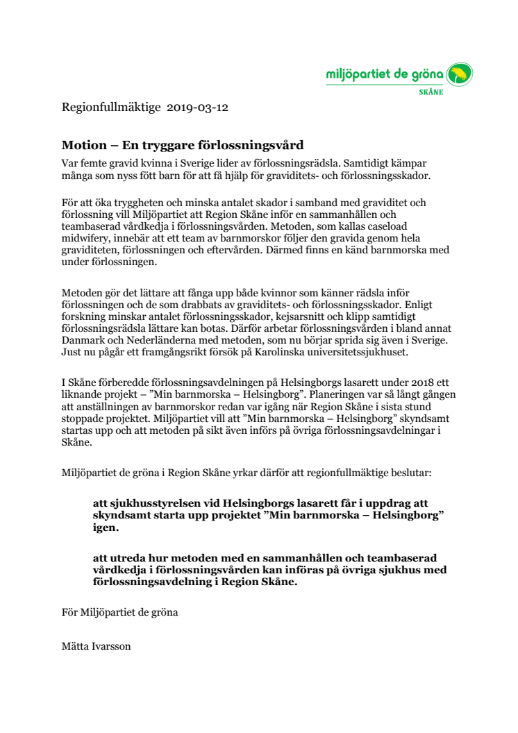 Bättre stöd vid förlossningsrädsla - MP:s motion