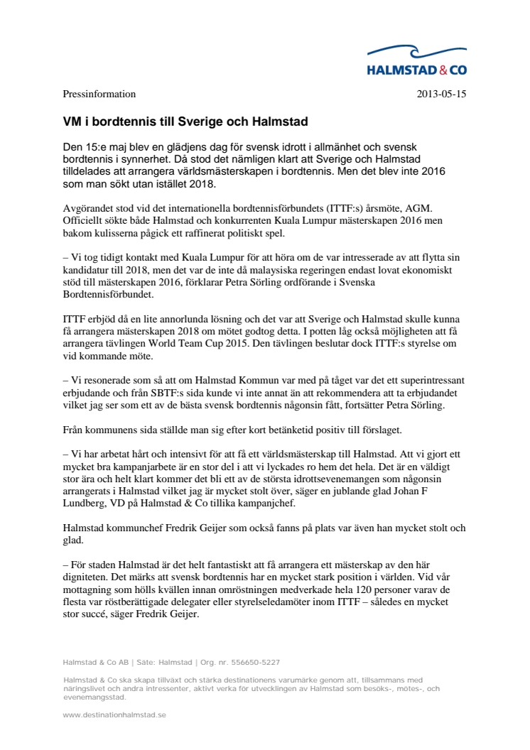 VM i bordtennis till Sverige och Halmstad