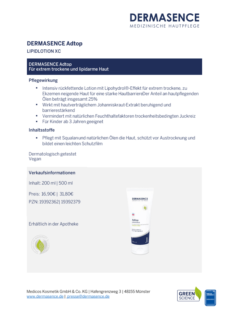 Factsheet DE: DERMASENCE Adtop XC Lipidlotion 200 ml - 500 ml