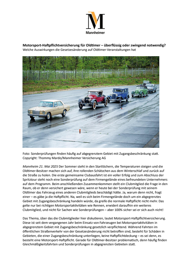 Pressemitteilung: Motorsport-Haftpflichtversicherung für Oldtimer – überflüssig oder zwingend notwendig?