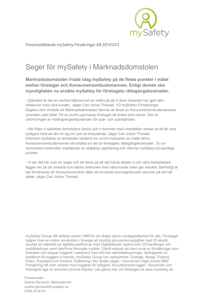 Seger för mySafety i Marknadsdomstolen
