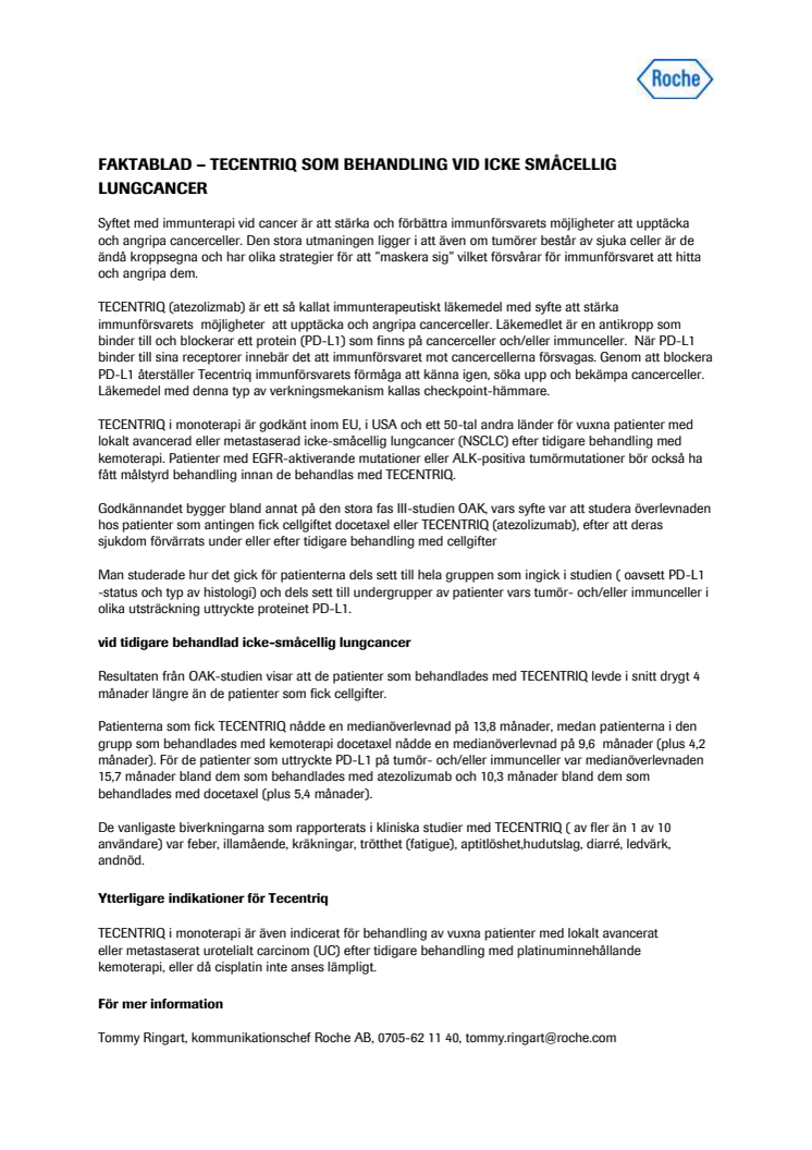 Faktablad – Tecentriq (atezolizumab) som behandling vid icke-småcellig lungcancer
