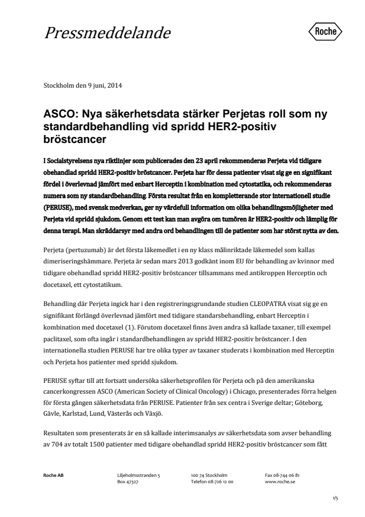 ASCO: Nya säkerhetsdata stärker Perjetas roll som ny standardbehandling vid spridd HER2-positiv bröstcancer 