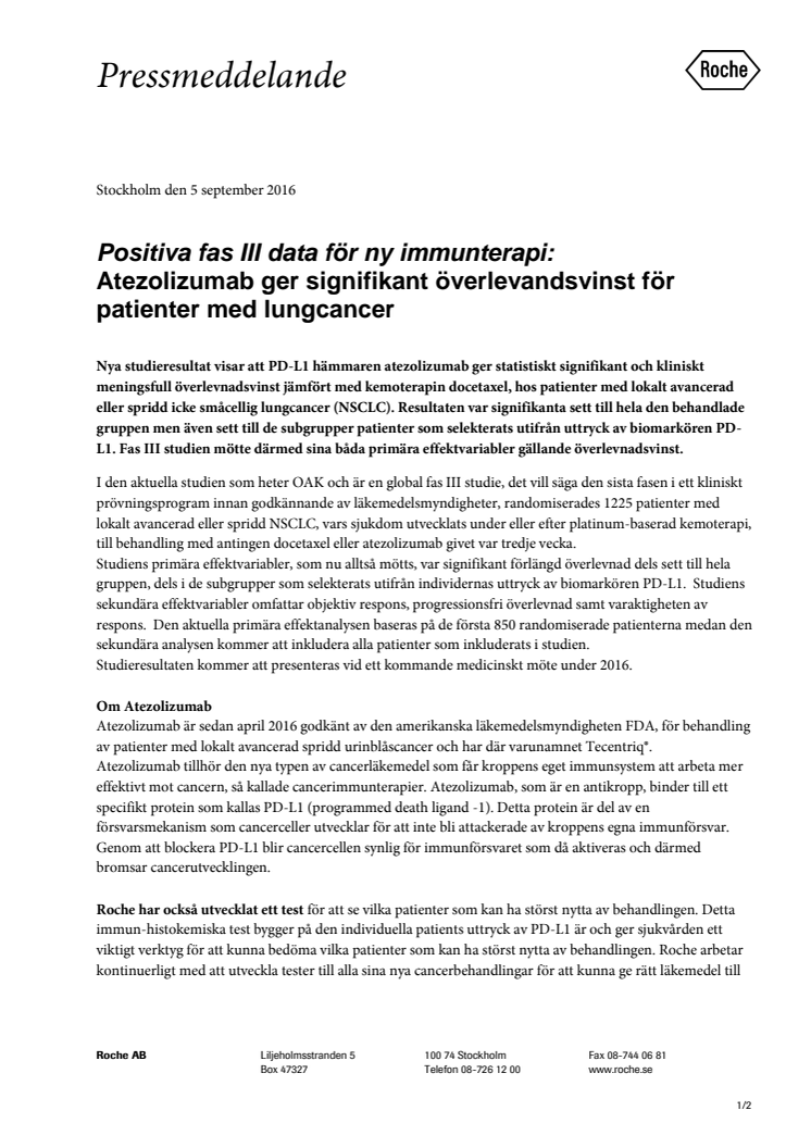 Positiva fas III data för ny immunterapi:  Atezolizumab ger signifikant överlevandsvinst för patienter med lungcancer