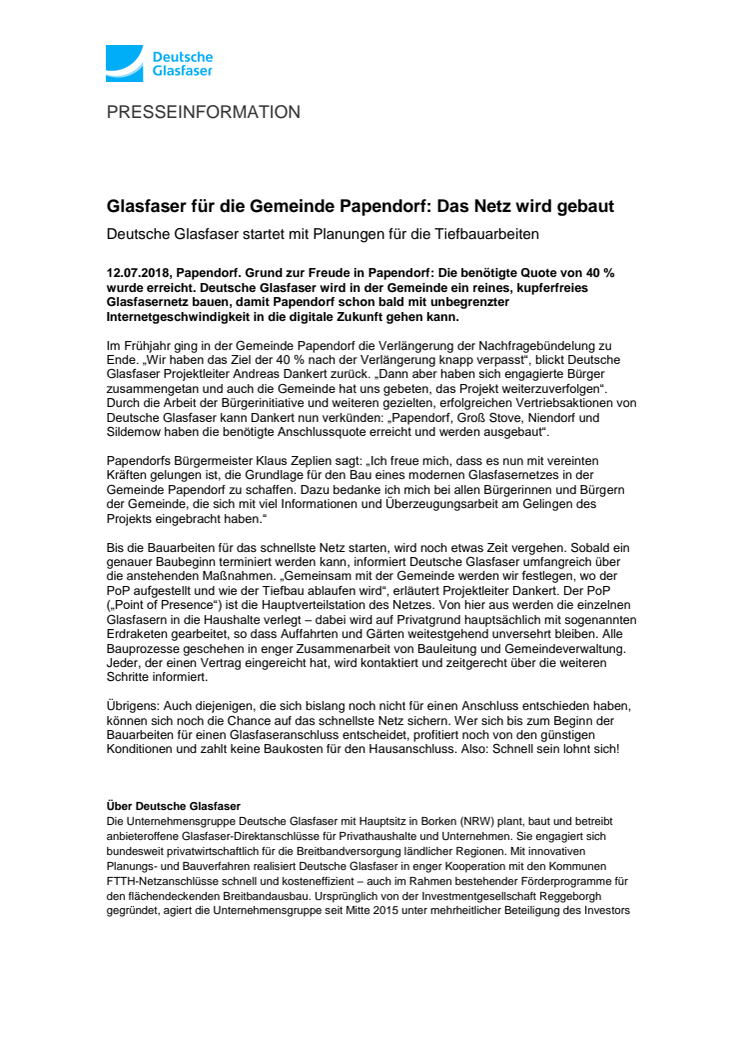 Glasfaser für die Gemeinde Papendorf: Das Netz wird gebaut