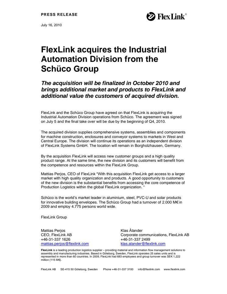 FlexLink acquires the Industrial Automation Division from the Schüco Group