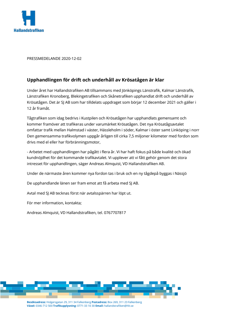 Upphandlingen för drift och underhåll av Krösatågen är klar