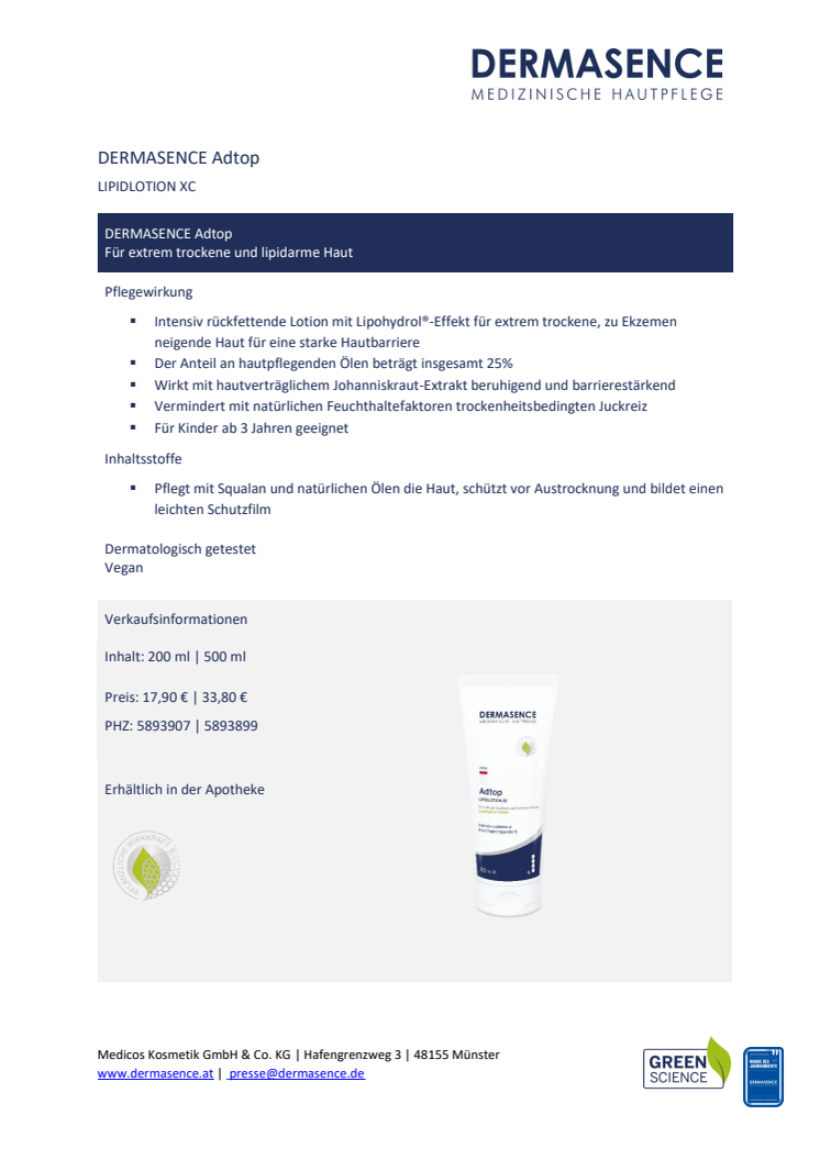 Factsheet AT: DERMASENCE Adtop Lipidlotion XC 200 ml - 500 ml