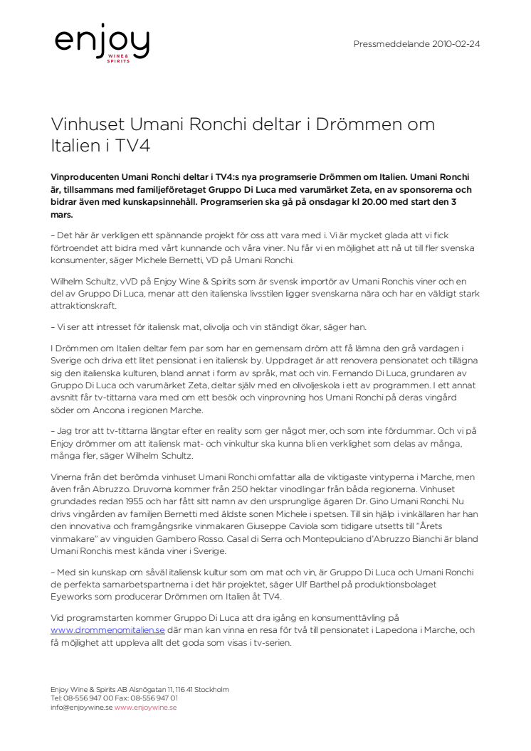 Vinhuset Umani Ronchi deltar i Drömmen om Italien i TV4