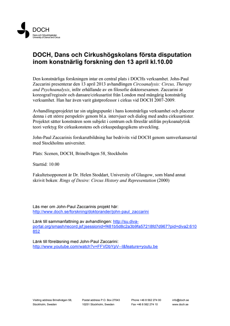 DOCH, Dans och Cirkushögskolans första disputation inom konstnärlig forskning den 13 april kl.10.00