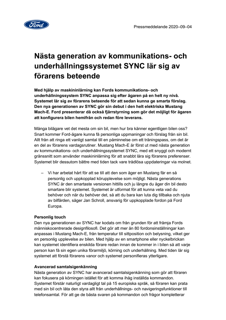 Nästa generation av kommunikations- och underhållningssystemet SYNC lär sig av förarens beteende 