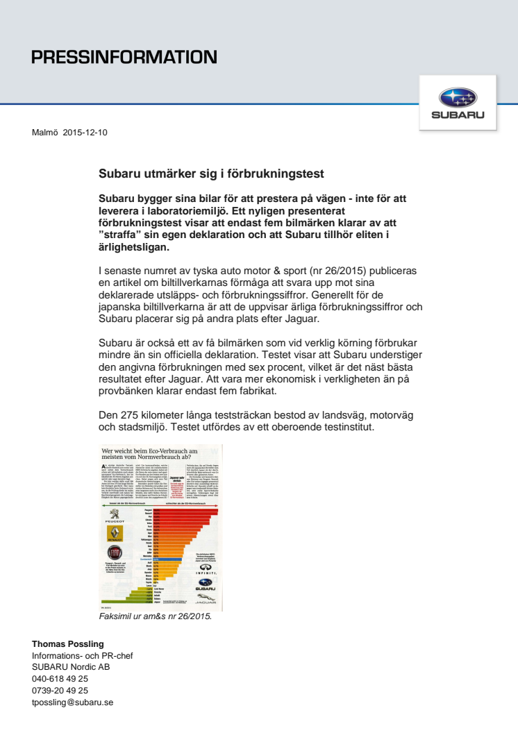 Subaru utmärker sig i förbrukningstest