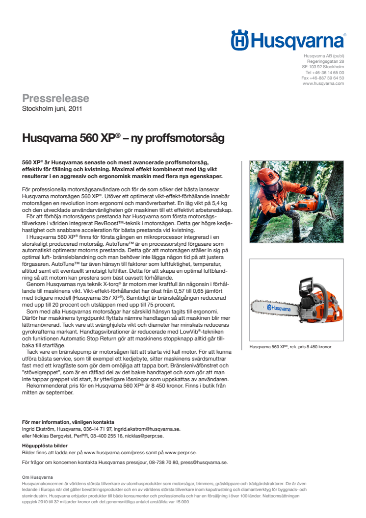 Husqvarna 560 XP® – ny proffsmotorsåg
