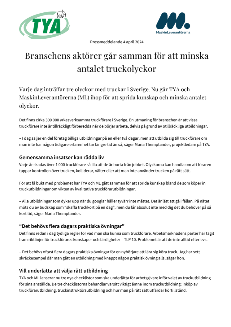 Pressmeddelande från MaskinLeverantörerna och TYA
