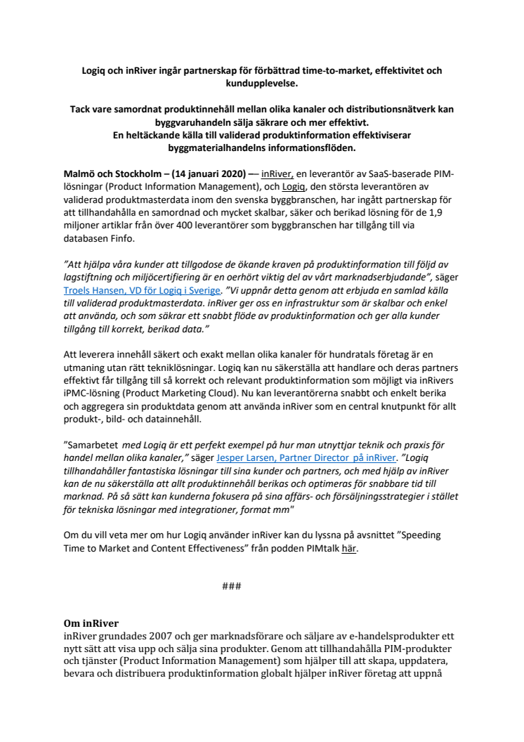 Logiq och inRiver ingår partnerskap för förbättrad time-to-market, effektivitet och kundupplevelse.