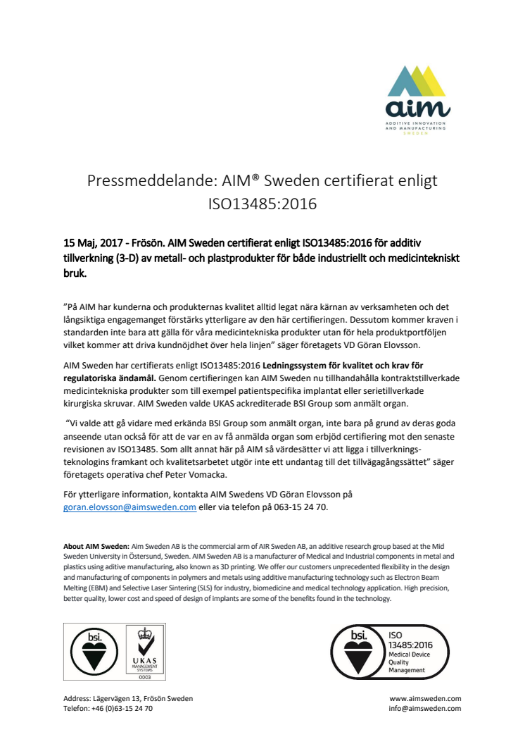 AIM® Sweden certifierat enligt ISO13485:2016