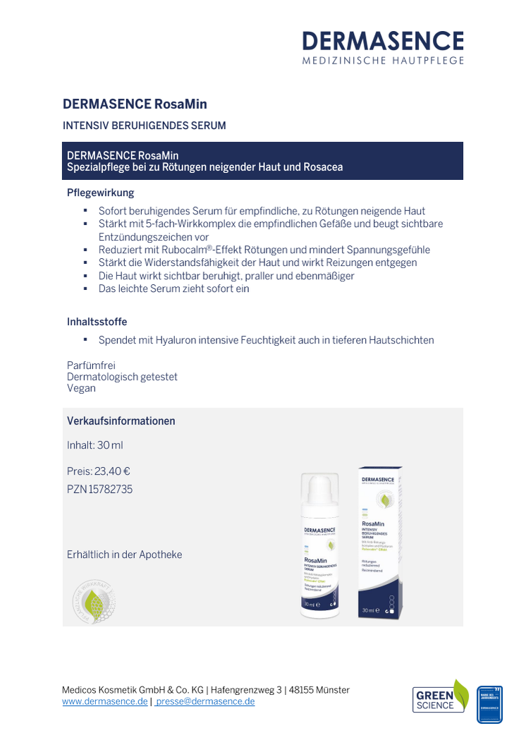 Factsheet DE: DERMASENCE RosaMin Intensiv beruhigendes Serum