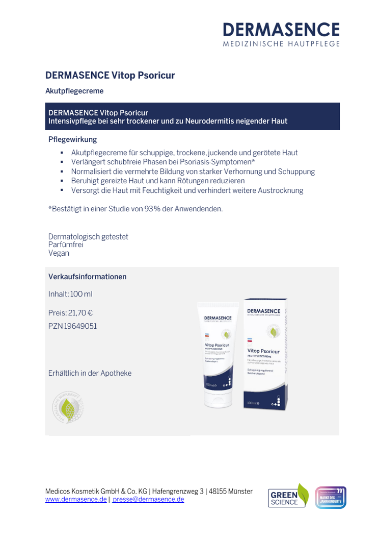 Factsheet DE: DERMASENCE Vitop Psoricur Akutpflegecreme