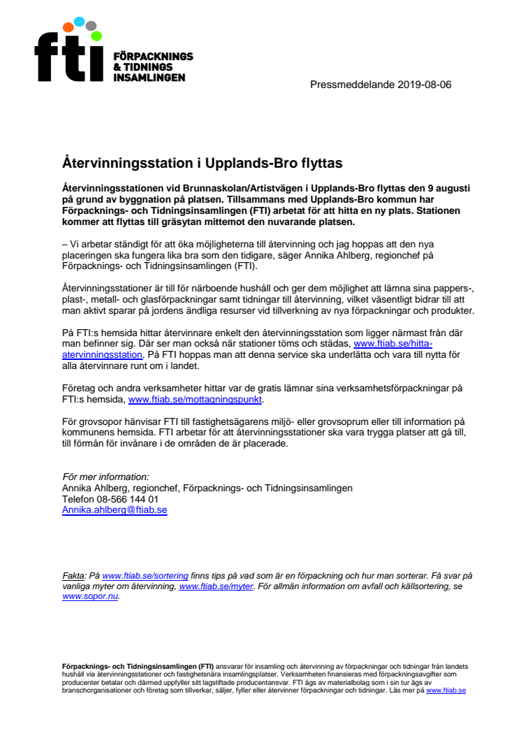 Återvinningsstation i Upplands-Bro flyttas