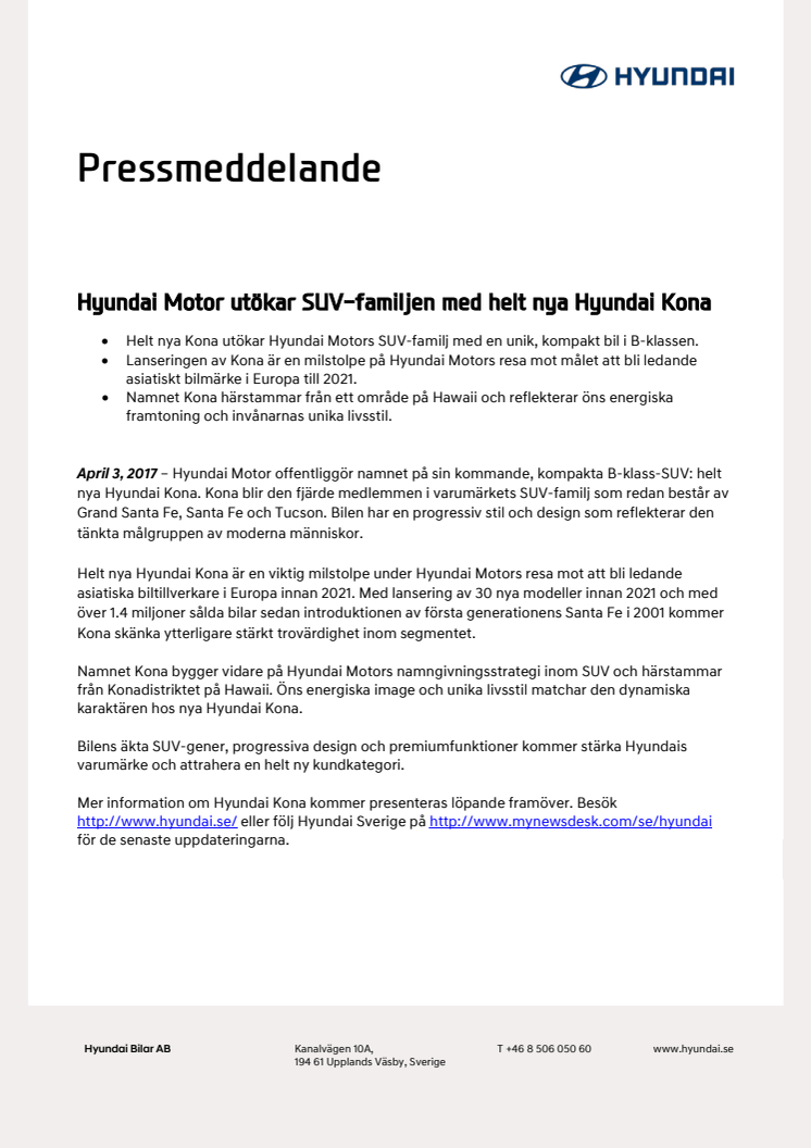 Hyundai Motor utökar SUV-familjen med helt nya Hyundai Kona