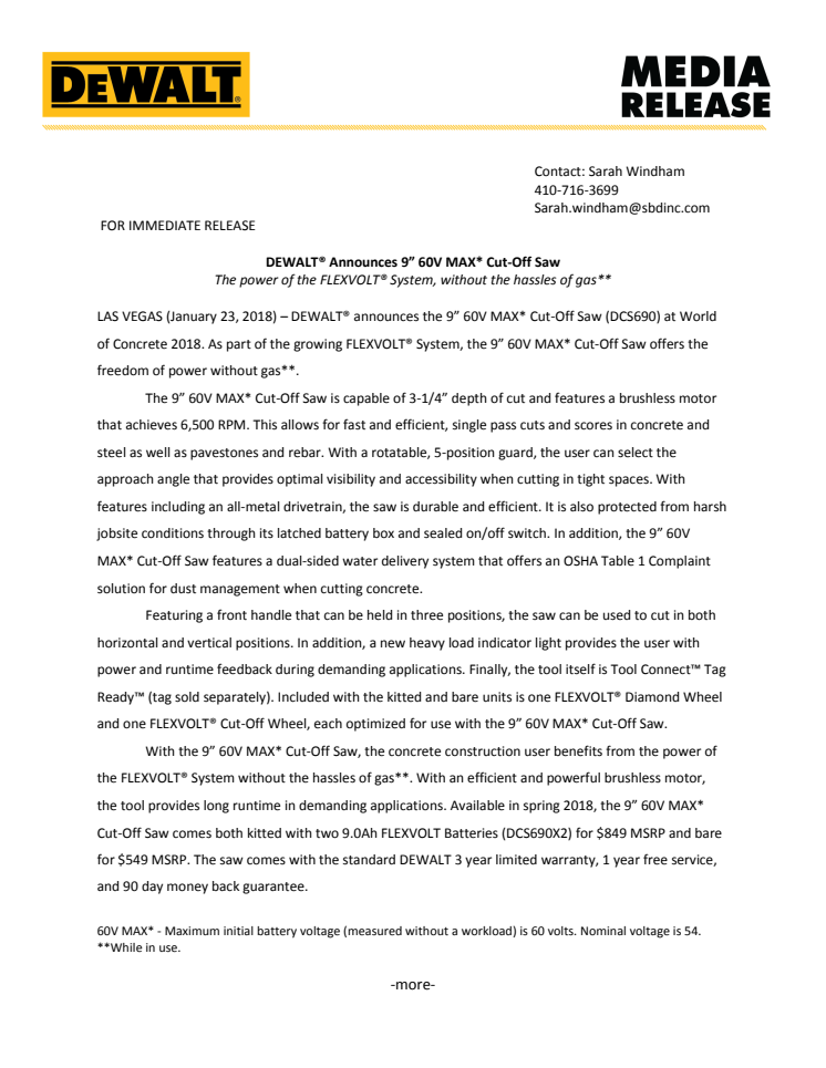 ​DEWALT Announces 9” 60V MAX* Cut-Off Saw               