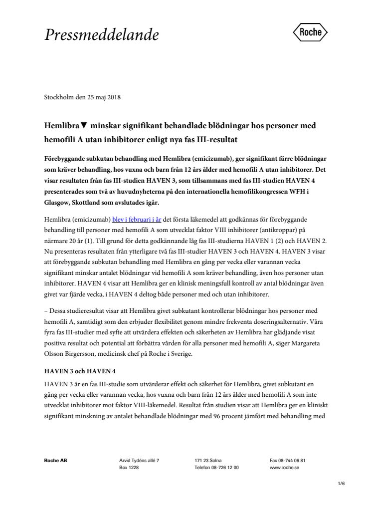 Hemlibra▼ minskar signifikant behandlade blödningar hos personer med hemofili A utan inhibitorer enligt nya fas III-resultat