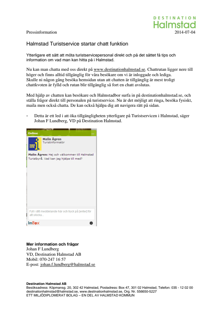 Halmstad Turistservice startar chatt funktion