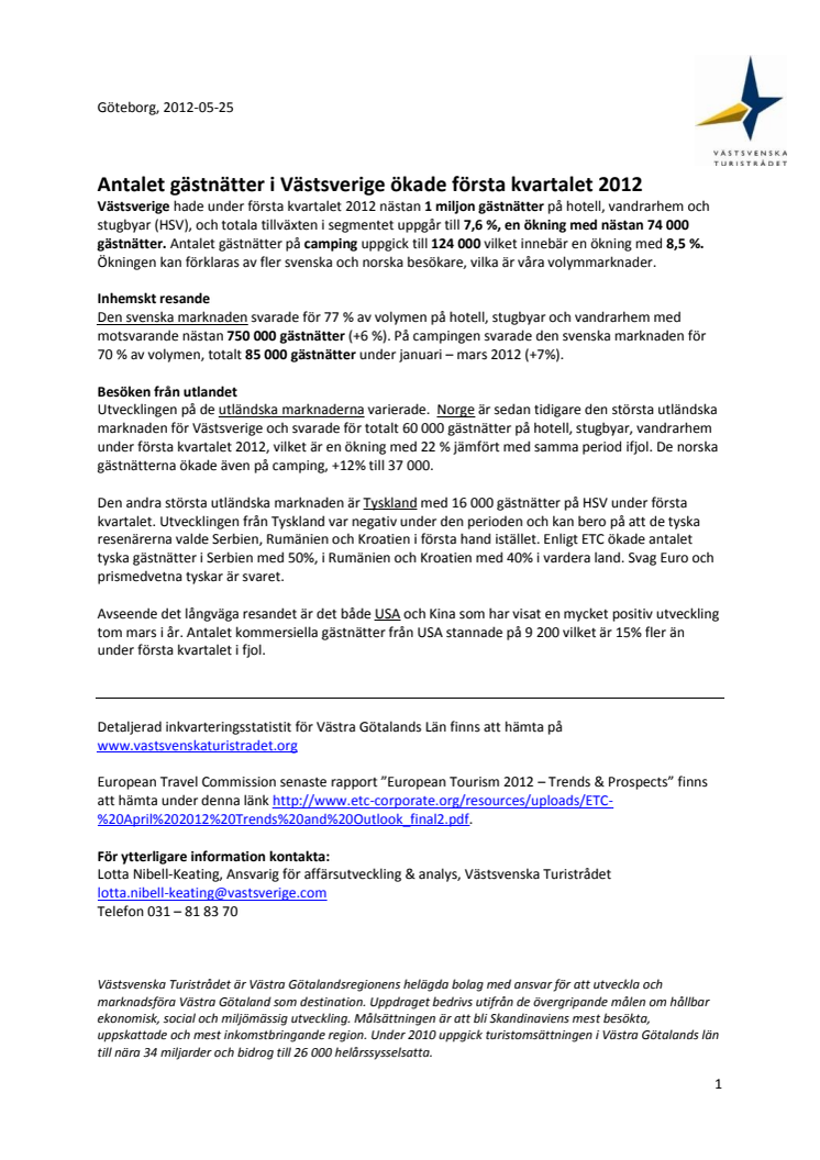 Antalet gästnätter i Västsverige ökade första kvartalet 2012