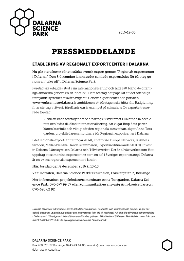ETABLERING AV REGIONALT EXPORTCENTER I DALARNA