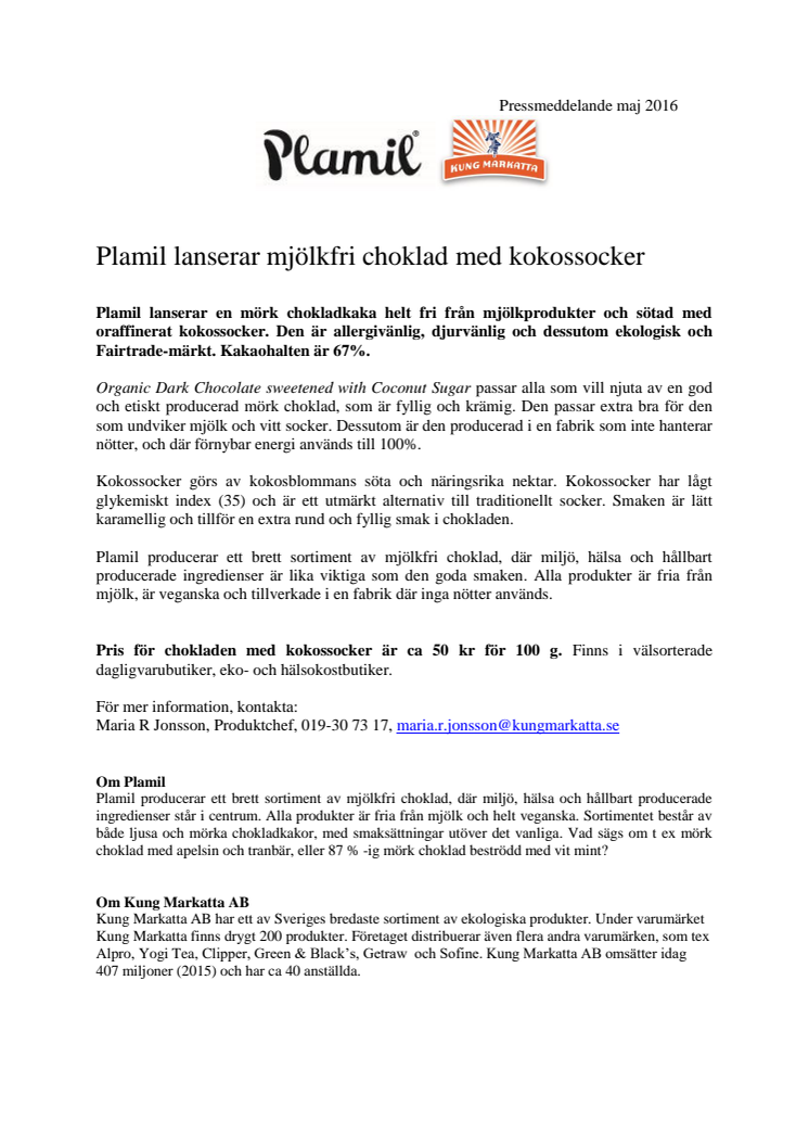 Plamil lanserar mjölkfri choklad med kokossocker