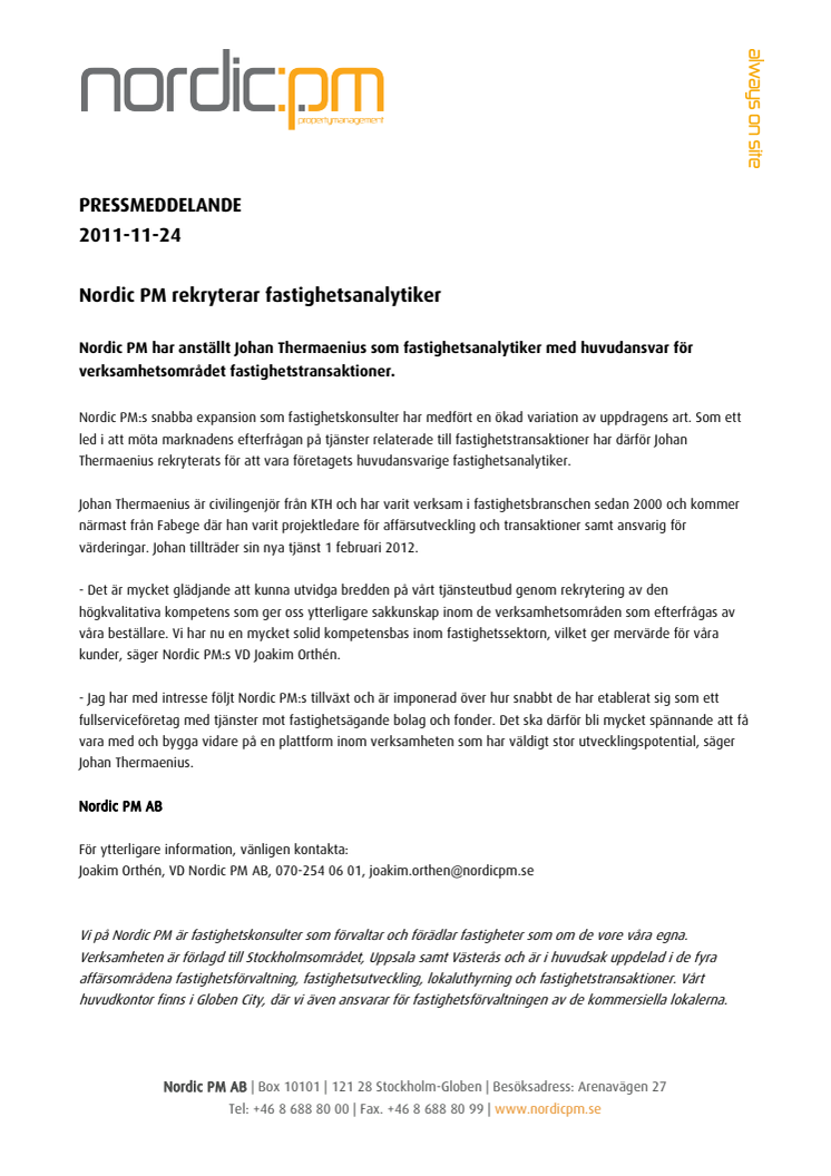 Nordic PM rekryterar fastighetsanalytiker