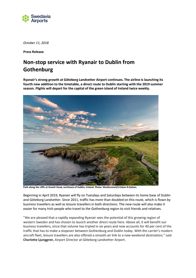 Non-stop service with Ryanair to Dublin from Gothenburg