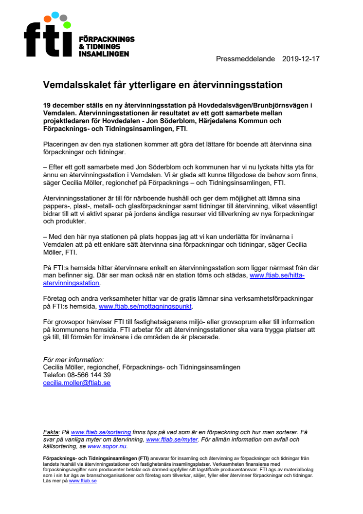 Vemdalsskalet får ytterligare en återvinningsstation