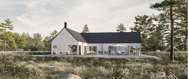 Skymning Fiskarhedenvillan SmartSolarRoof och vit solcellsfasad
