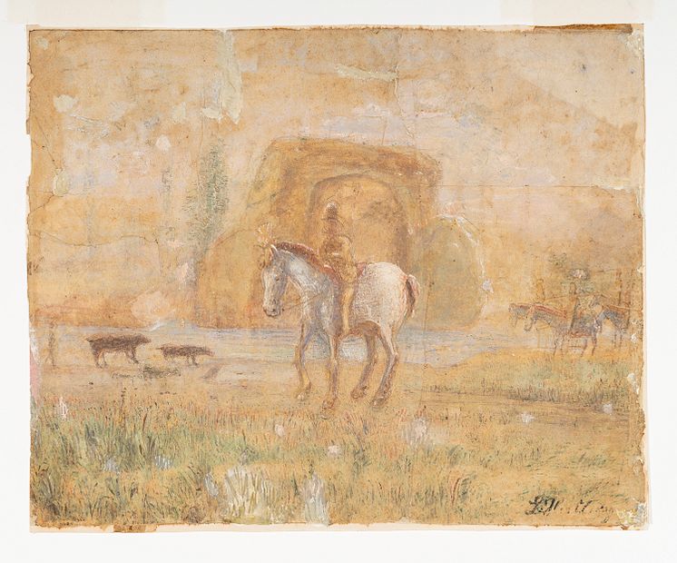 Lars Hertervig, Landskap med ryttere, 1890-tal. Akvarell och gouache på papper, 25 x 30,7 cm.