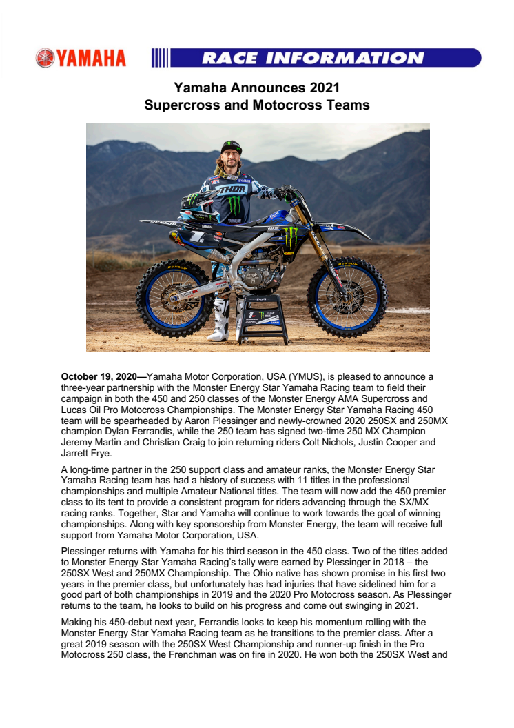 Yamaha Announces 2021 Supercross and Motocross Teams