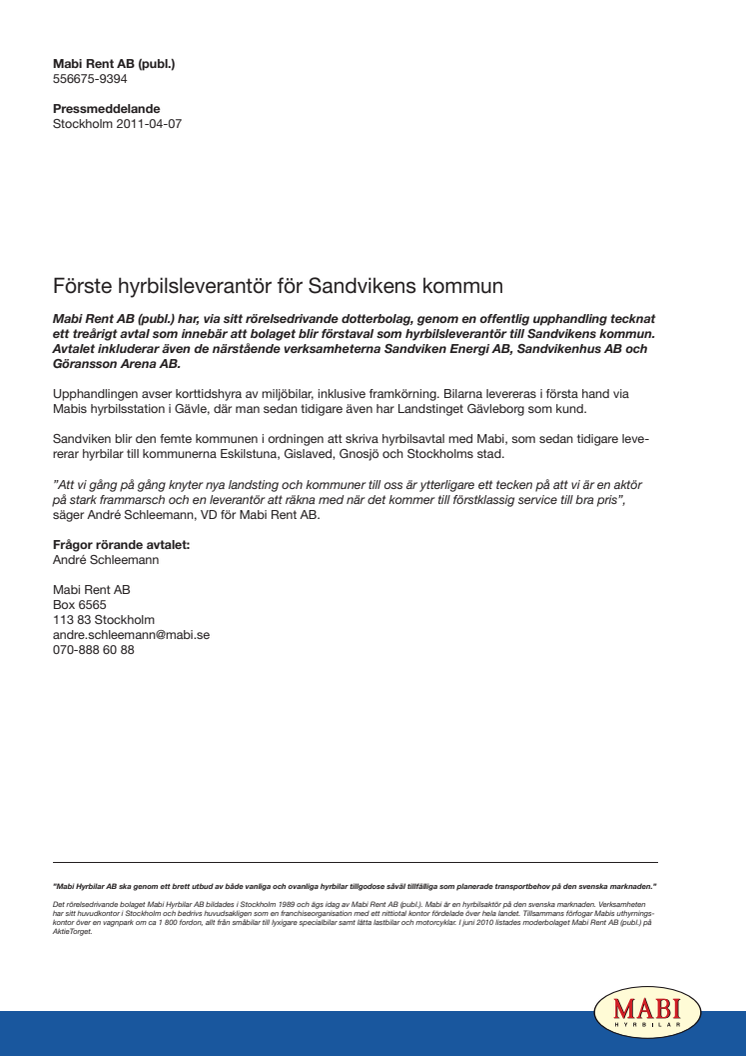 Förste hyrbilsleverantör för Sandvikens kommun