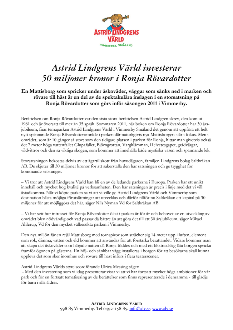 Astrid Lindgrens Värld investerar 50 miljoner kronor i Ronja Rövardotter